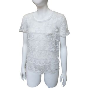 A&F Sheer Lace Tee-White-Ditsy-Cuff Sleeve-Coquette-Dainty-Fairycore-Unique S